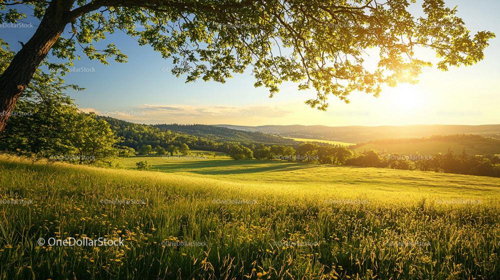 Beautiful Sunlit Meadow at Sunset with Scenic Landscape