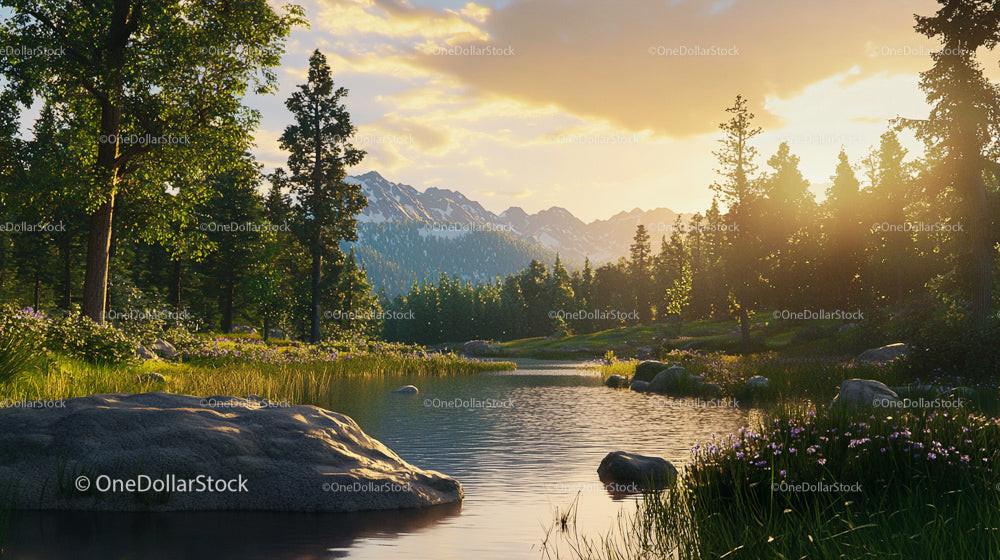 Sunset Over Tranquil River in Mountainous Forest Landscape