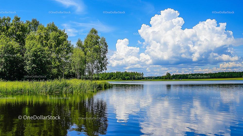 Tranquil Lake with Lush Greenery and Blue Sky Reflections