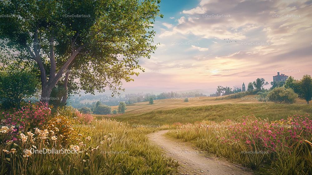 Serene Country Road Through Verdant Fields at Sunset
