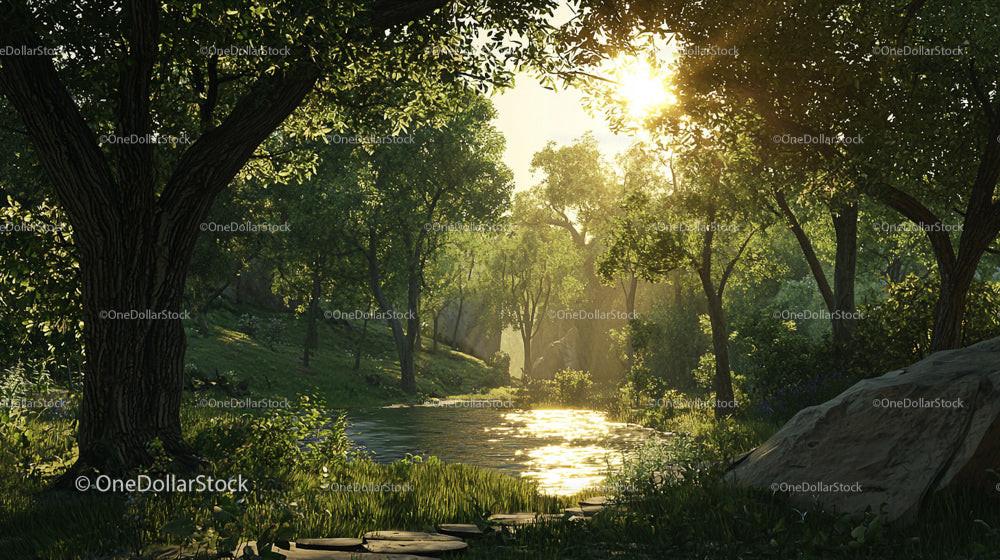 Sunlit Forest with Tranquil River and Lush Greenery
