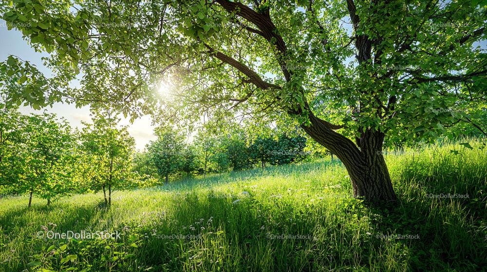 Sunlit Meadow with Lush Green Trees in a Serene Landscape