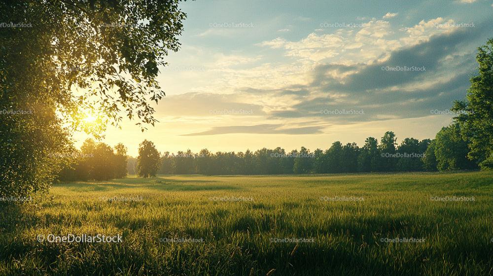 Sunset Over a Lush Green Meadow and Forest Edge