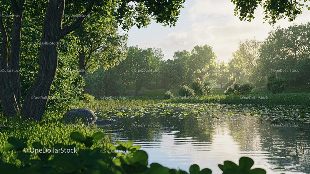 Tranquil Lake with Sunlit Forest and Reflective Waters