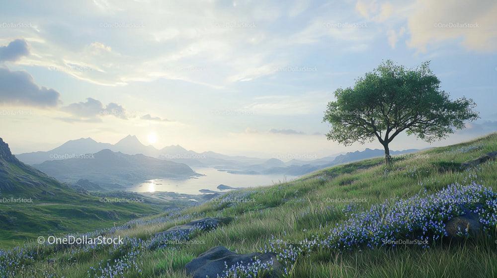 Lone Tree on Grassy Hills at Sunrise in Serene Landscape