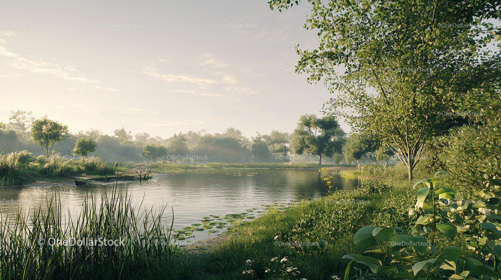 Serene Lakeside Landscape with Lush Greenery and Clear Sky