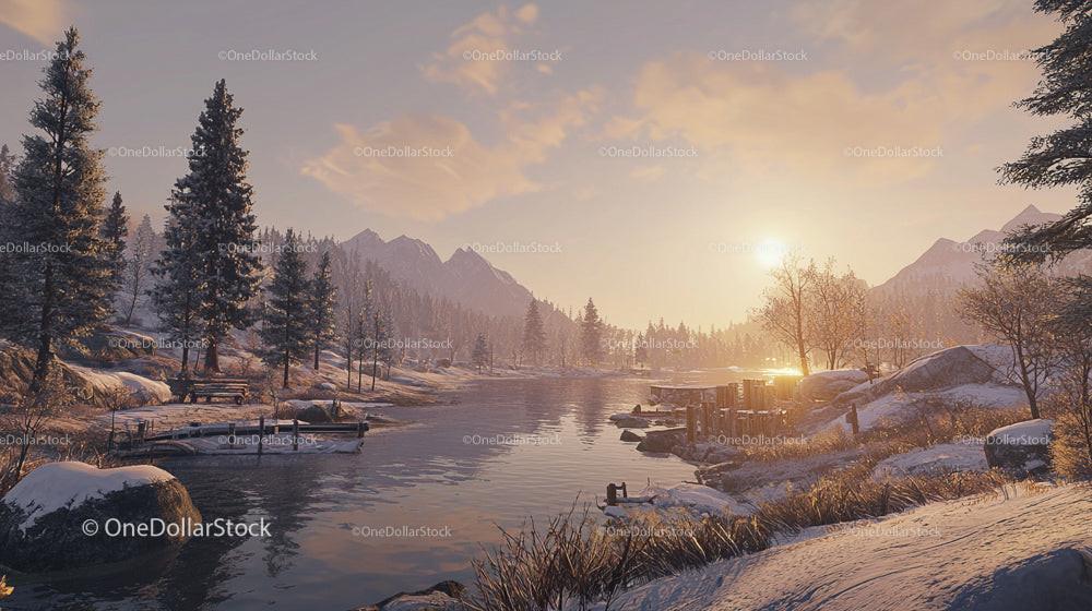 Tranquil Winter Sunset Over Snowy River and Pine Forest
