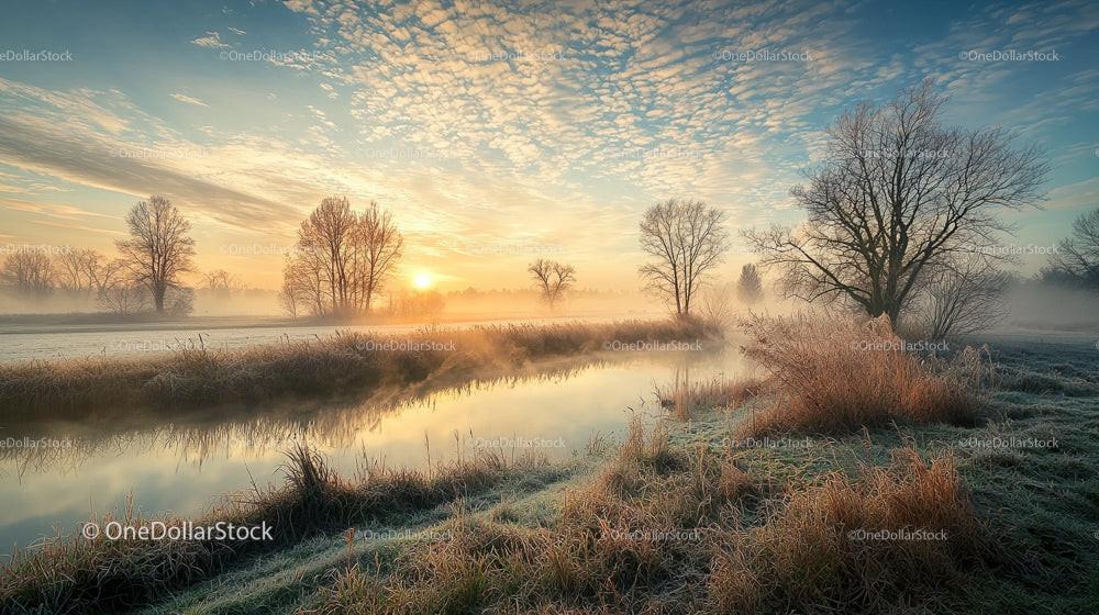 Serene Sunrise Over Misty River with Frosty Grass