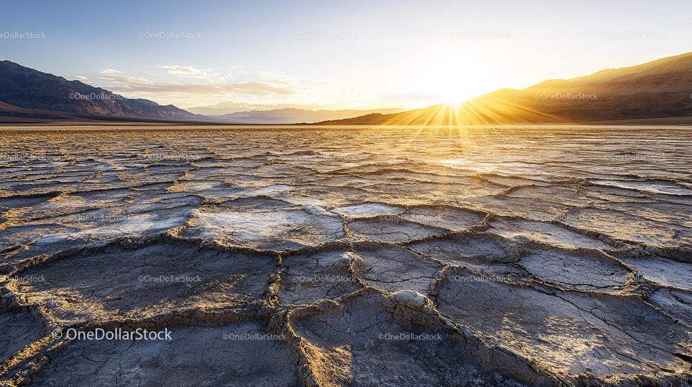 Sunset Over Cracked Earth in Remote Desert Landscape