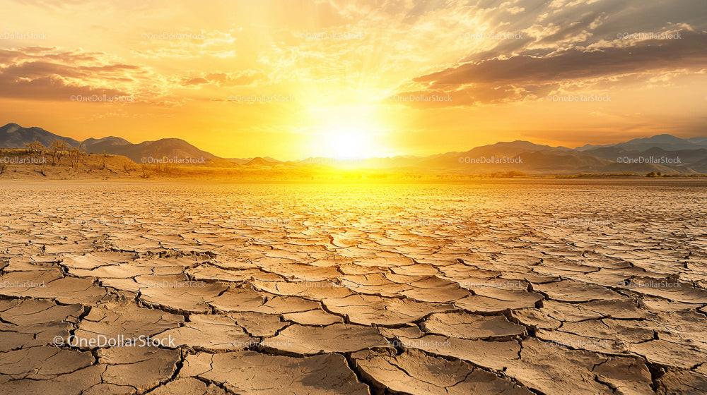 Golden Desert Sunset Over Cracked Earth