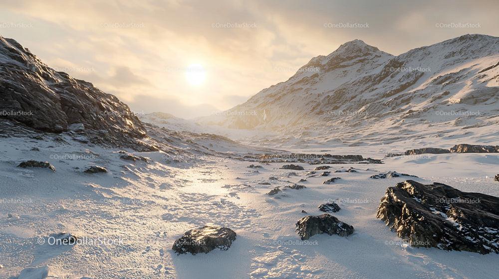 Serene Sunrise Over Snow-Covered Mountain Range
