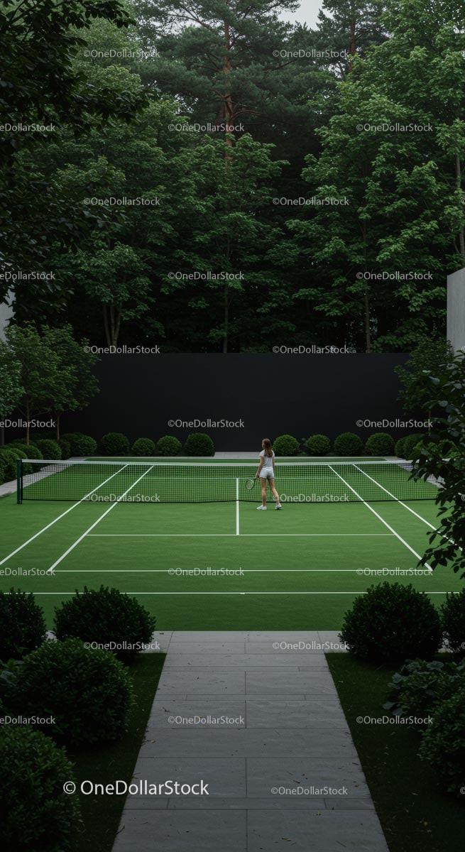 Woman Playing Tennis on Secluded Green Court