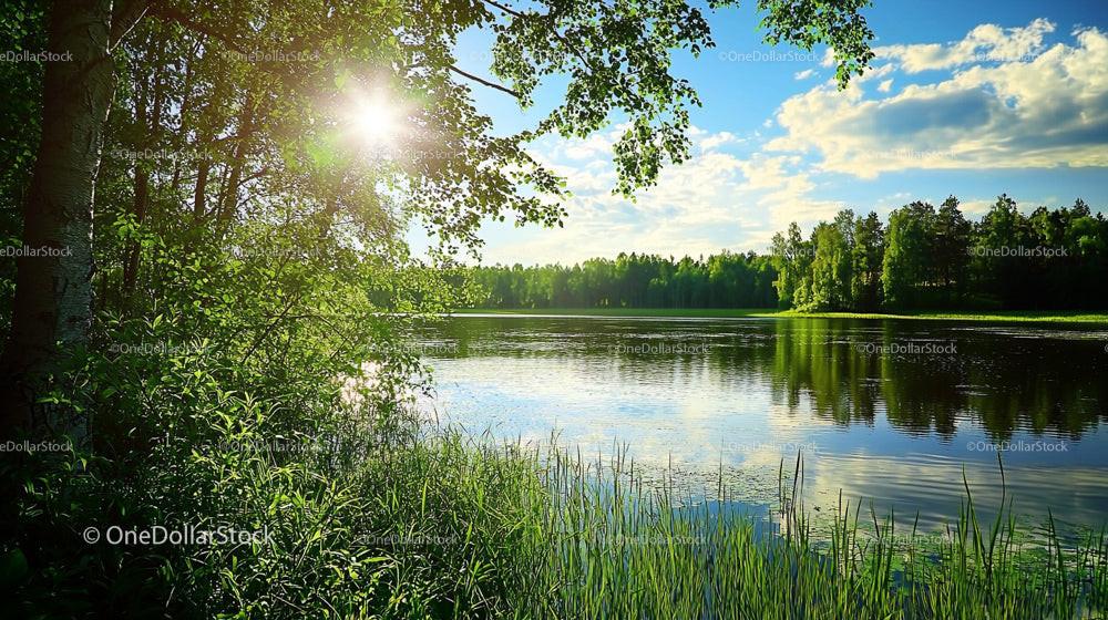 Tranquil Forest Lake with Sunlight Filtering Through Trees