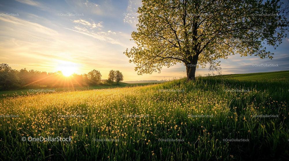 Serene Lone Tree at Sunset in a Peaceful Meadow
