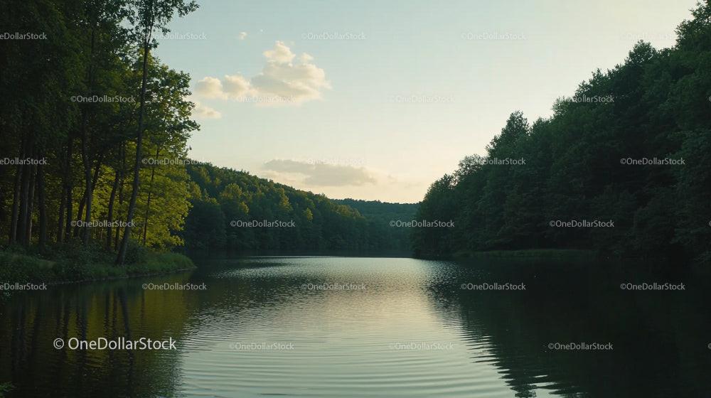 Serene Forest Lake with Reflecting Trees at Sunset