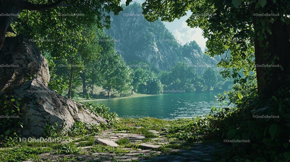 Tranquil Lake Surrounded by Lush Green Forest and Mountains