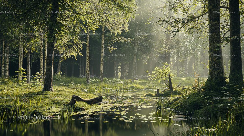 Sunlit Forest with Tranquil Pond and Lush Greenery