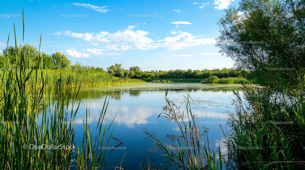 Serene Lake with Lush Greenery Under a Blue Sky
