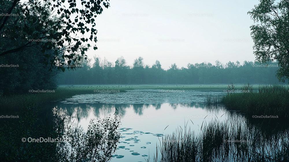 Tranquil Lake with Morning Mist and Lush Greenery