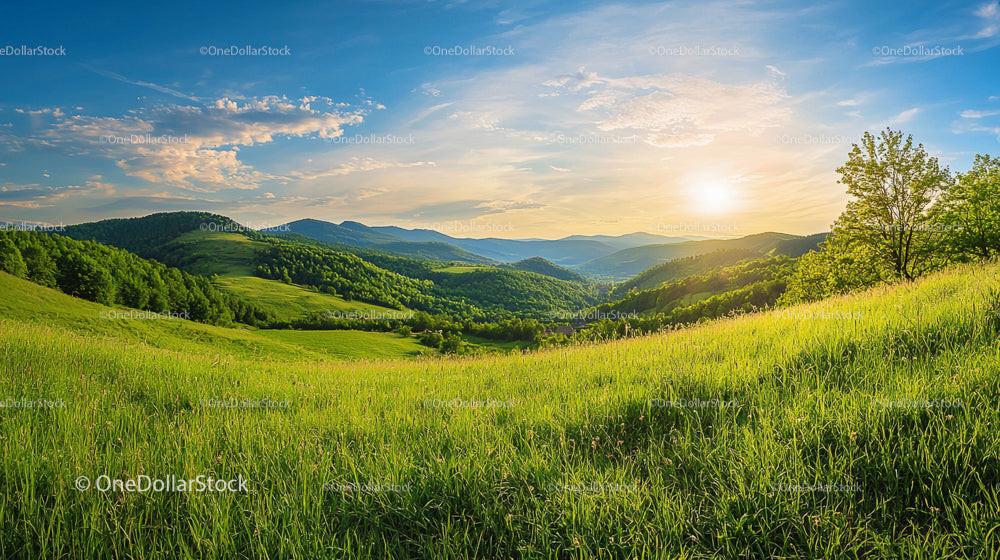 Breathtaking Sunset Over Green Hills and Valleys