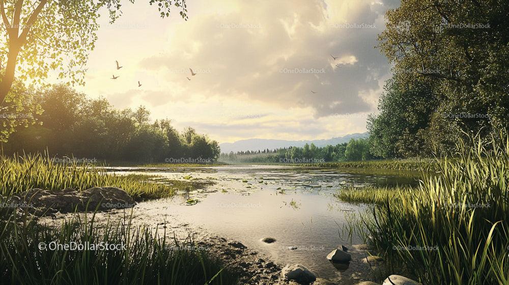 Golden Hour at a Serene Lake Surrounded by Lush Greenery
