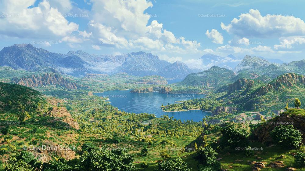 Panoramic Mountain Landscape with Tranquil Lake and Lush Greenery