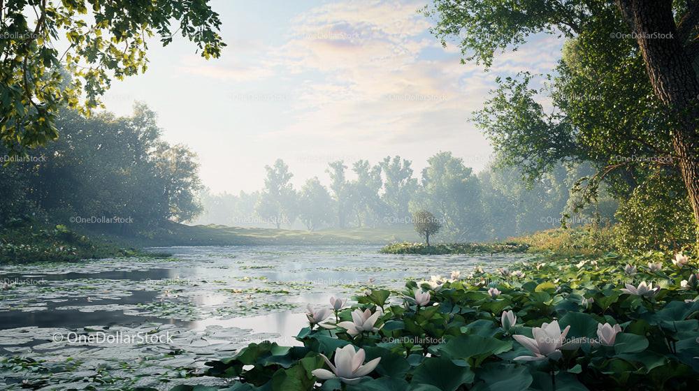 Serene Pond with Water Lilies and Lush Greenery
