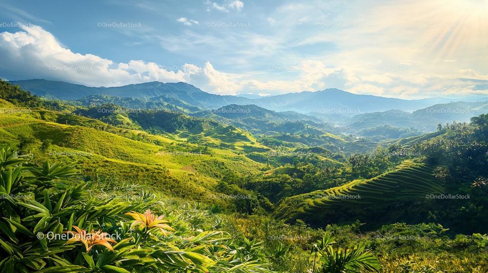 Lush Green Hills with Scenic Mountains and Terraced Fields