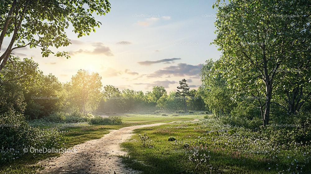 Idyllic Sunset Over Lush Green Meadows and Winding Path