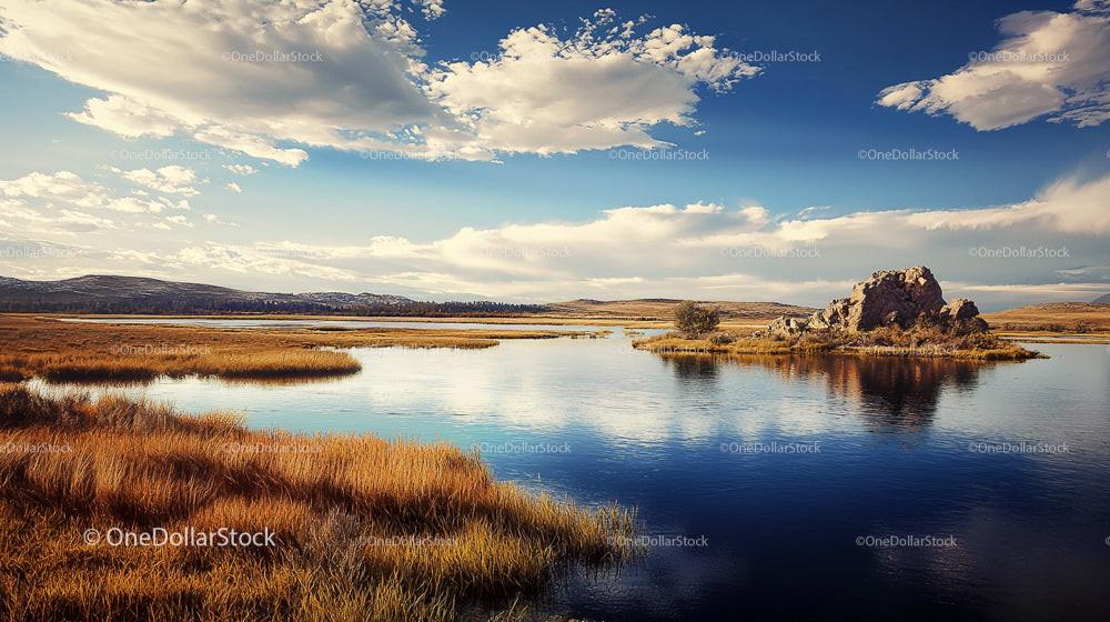 Serene Autumn Landscape with Rocky Island and Reflective Lake