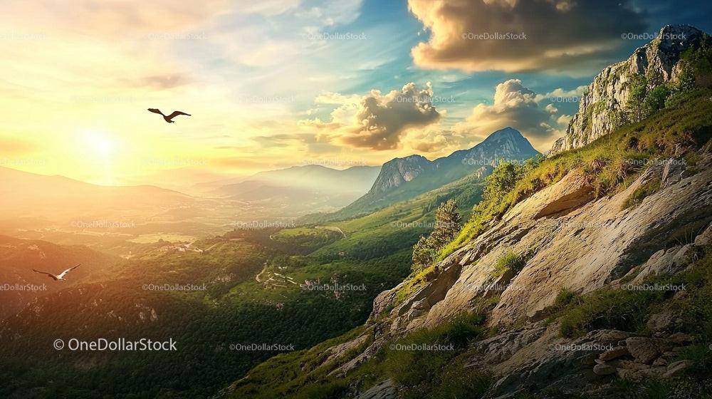 Majestic Mountain Range at Sunset with Soaring Birds