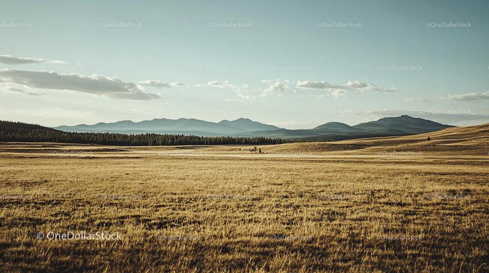 Expansive Golden Prairie with Distant Mountain Range