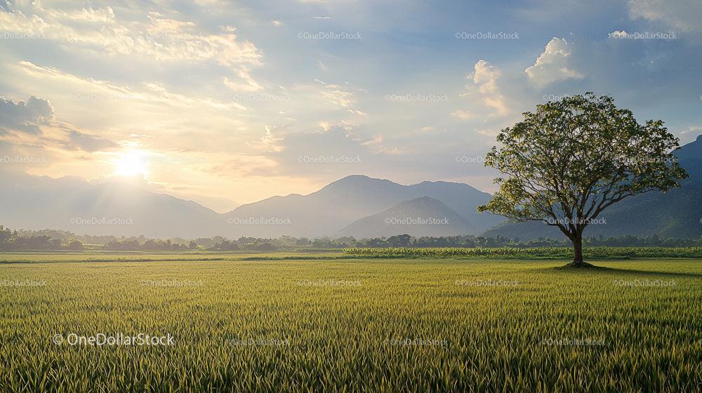 Solitary Tree in a Serene Rice Field at Sunset