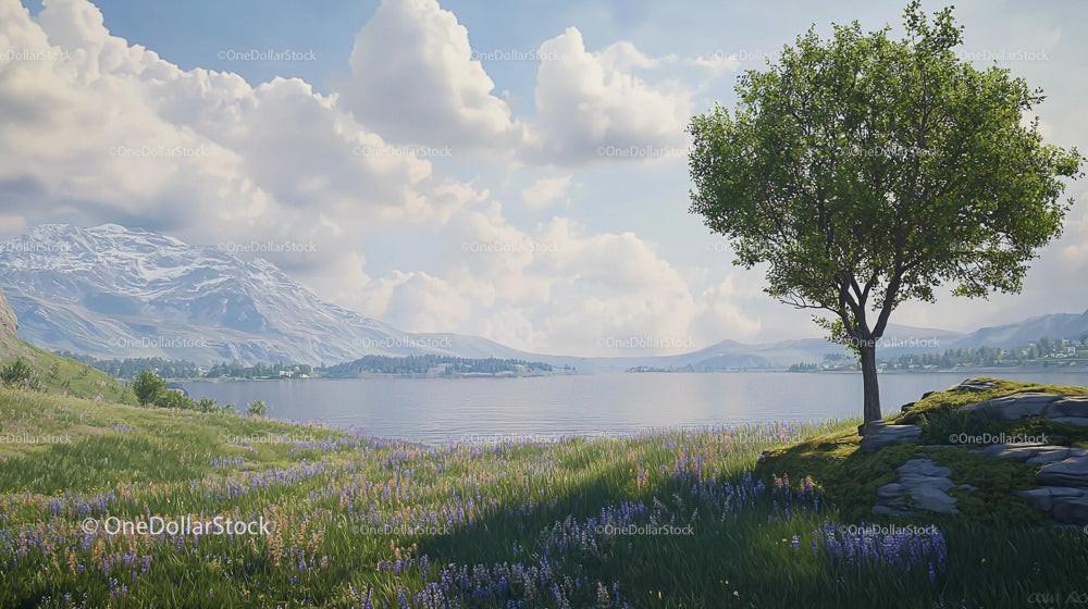 Solitary Tree by Serene Lakeside Meadow with Mountain View