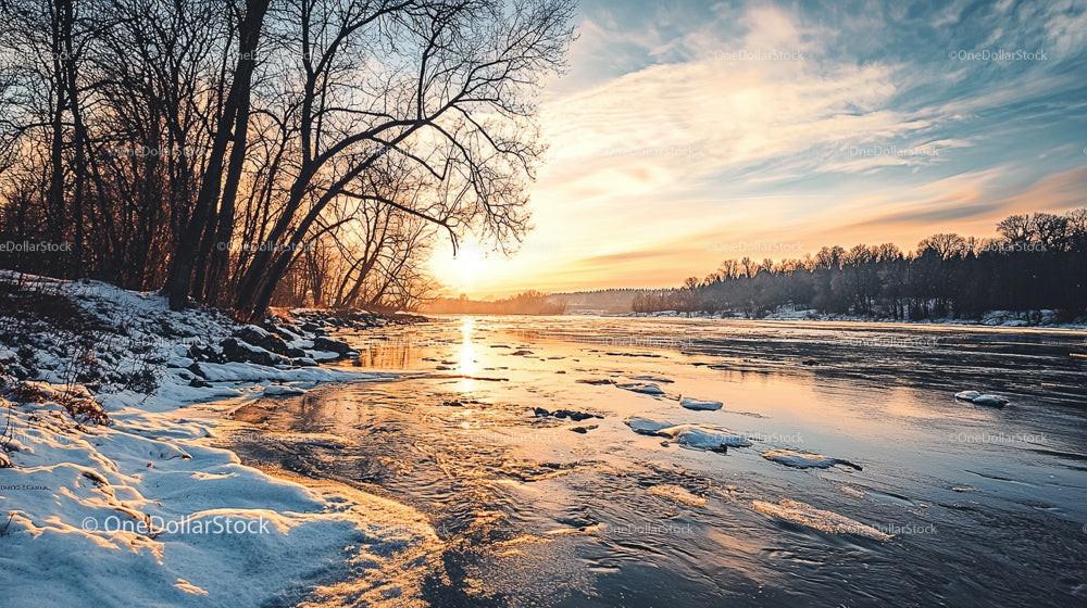 Winter Sunset over Frozen River with Bare Trees