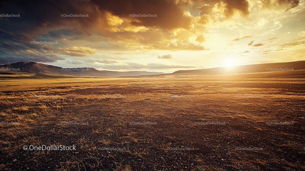 Golden Sunset Over Expansive Grassland Horizon
