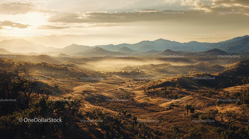 Golden Hour View Over Misty Valley and Rolling Hills