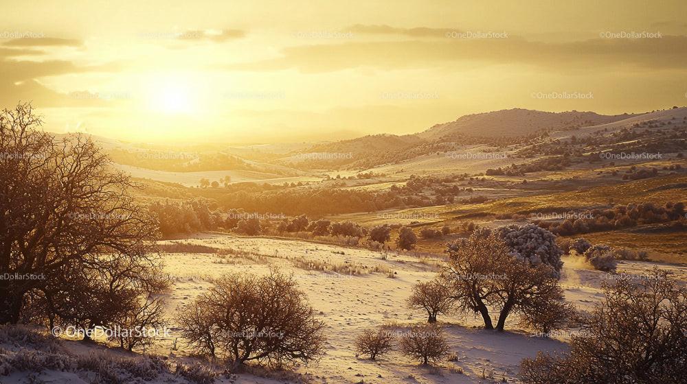 Golden Winter Sunrise Over Snow-Covered Hills