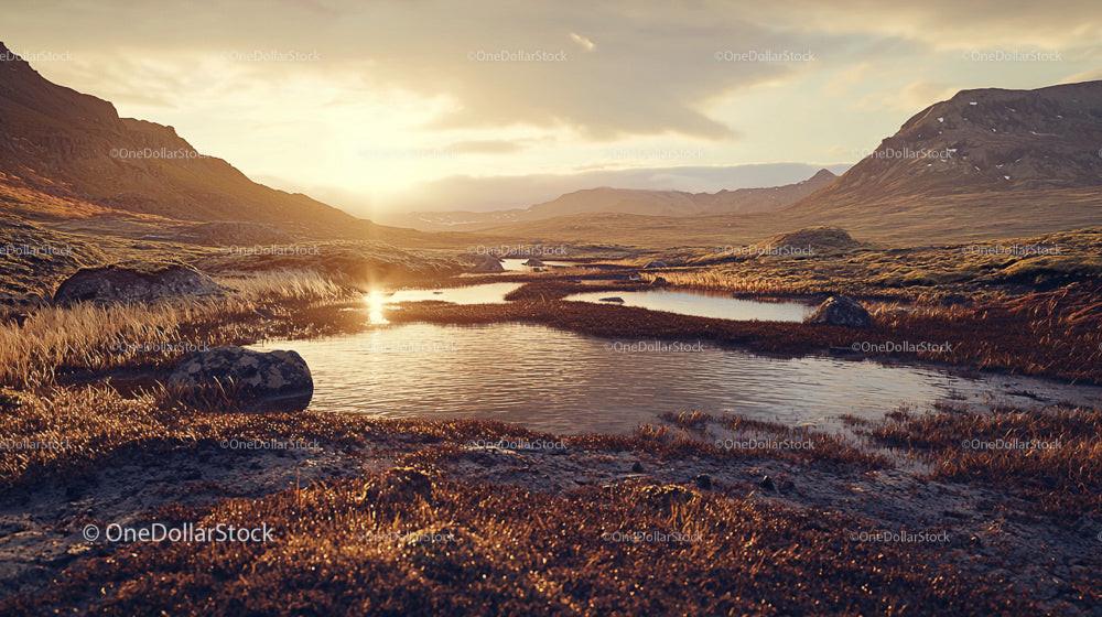 Sunset Over Tranquil Mountain Lake with Serene Reflection