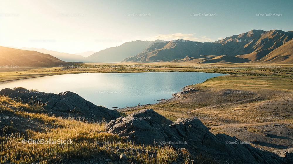 Golden Hour over Serene Lake and Majestic Mountains
