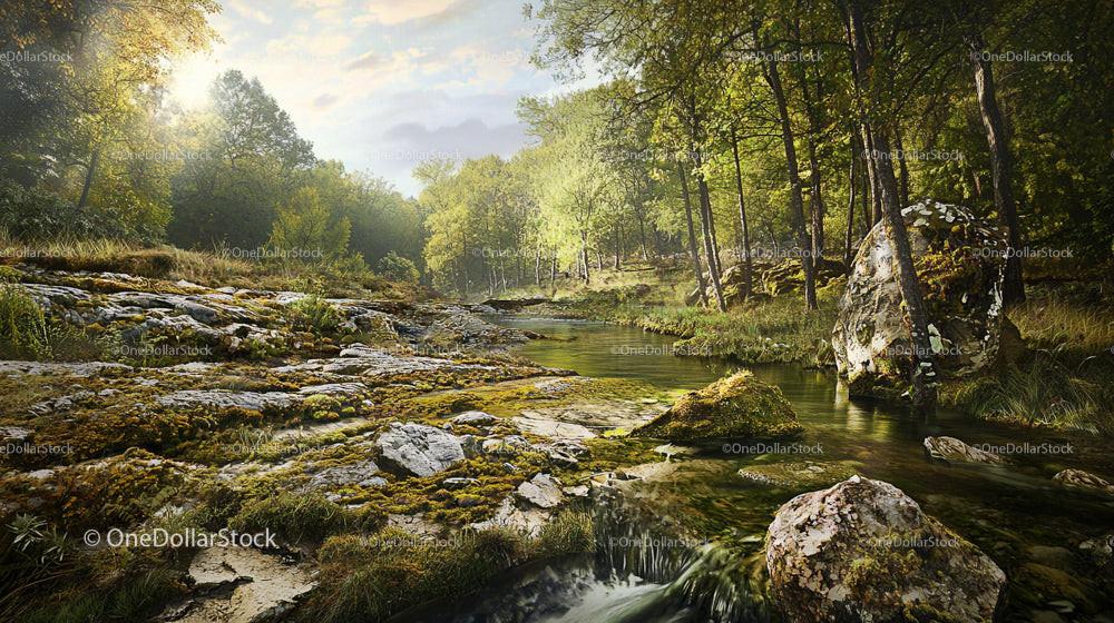 Tranquil Forest Stream With Lush Greenery in Summer Light