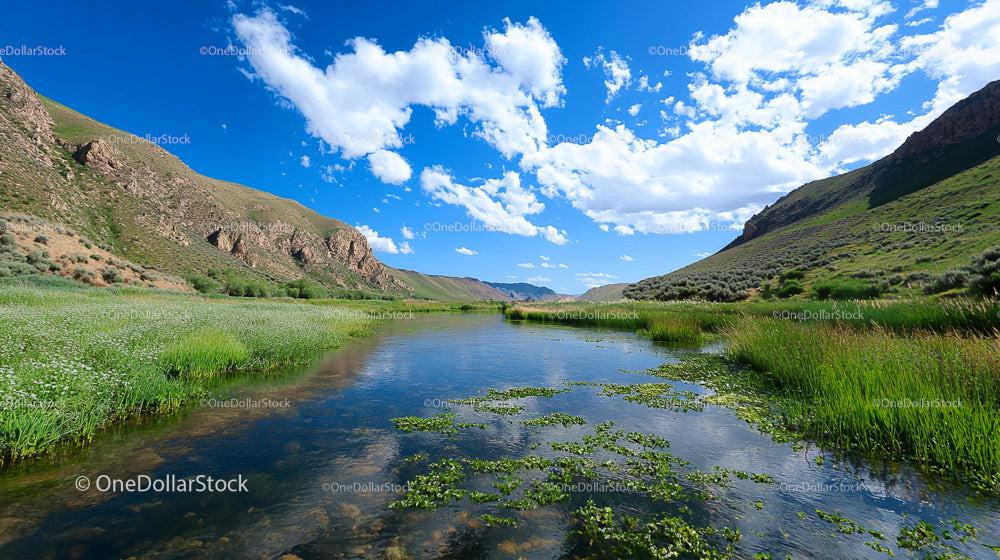 Serene River with Lush Greenery and Mountain Range