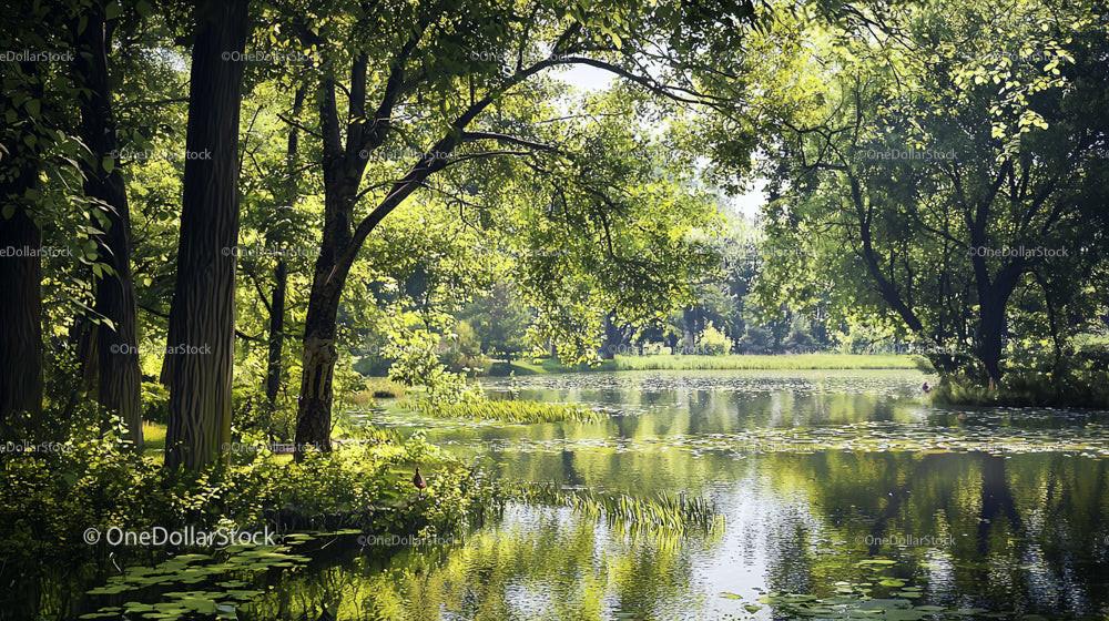 Tranquil Forest with Reflective Pond under Dappled Sunlight