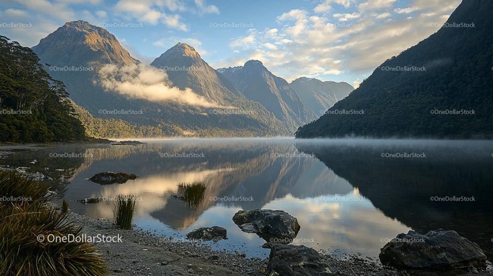 Misty Morning Reflection in Tranquil Mountain Lake