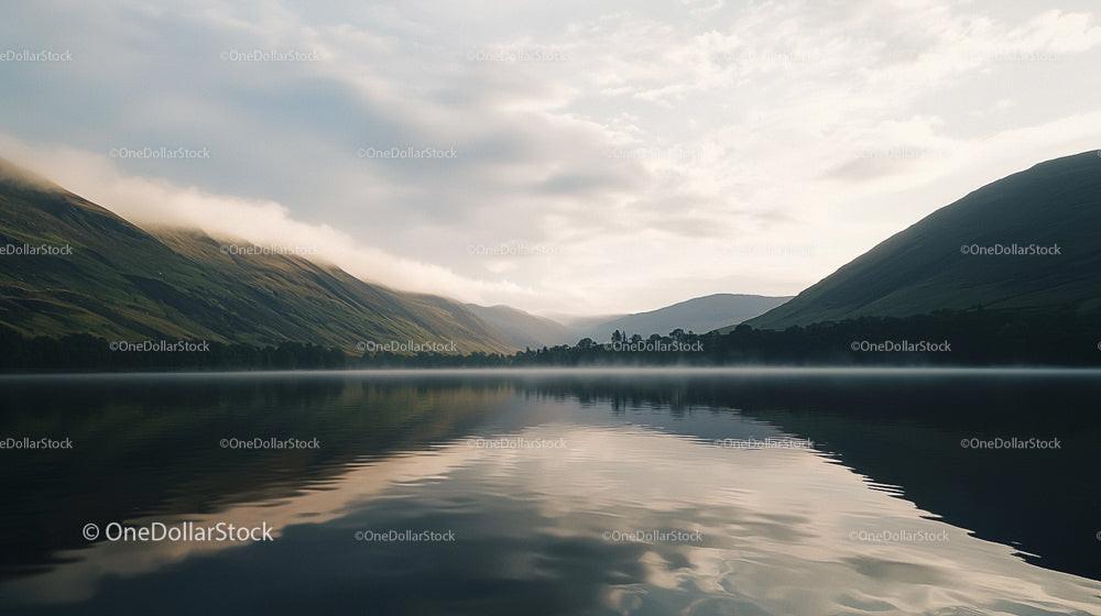 Misty Morning Over Tranquil Lake with Reflective Hills