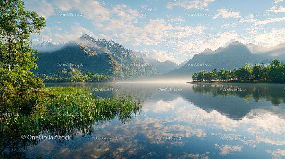 Serene Lake with Lush Greenery and Misty Mountain Reflection