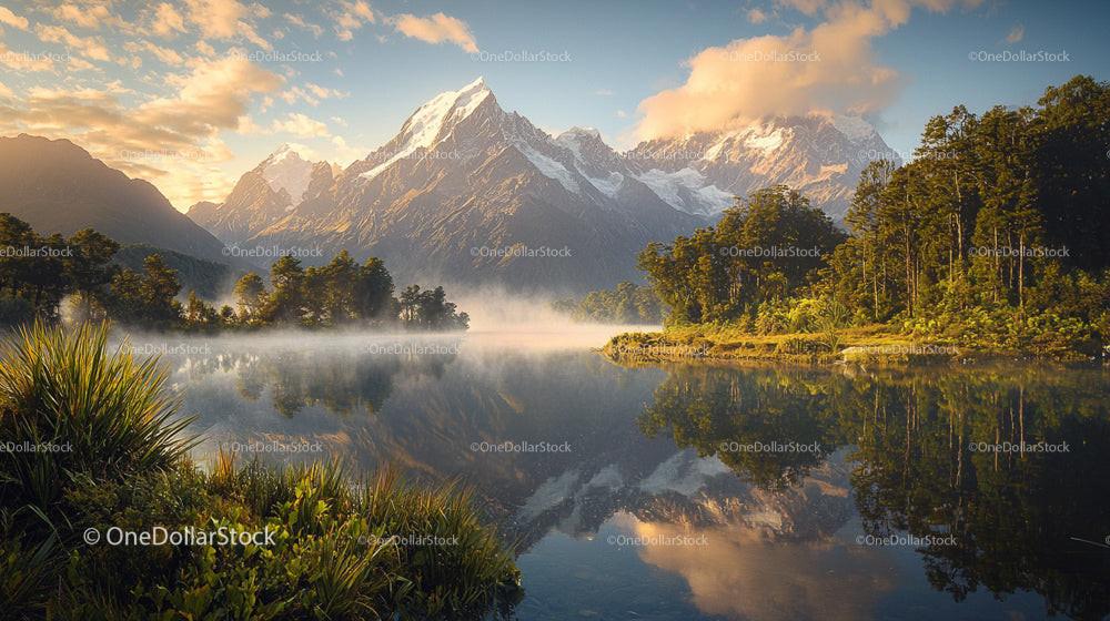 Serene Mountain Lake with Mist and Snowy Peaks
