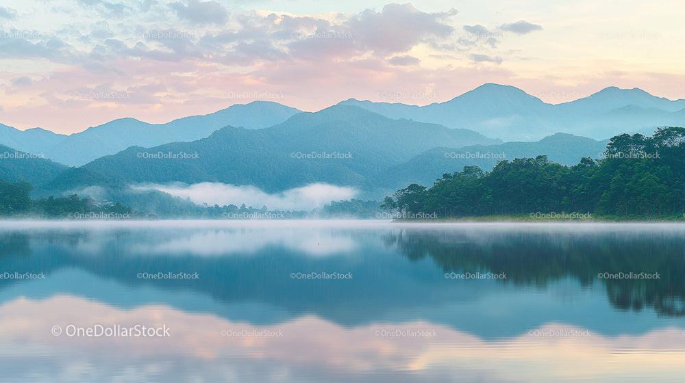 Misty Morning Reflection Over Tranquil Mountain Lake