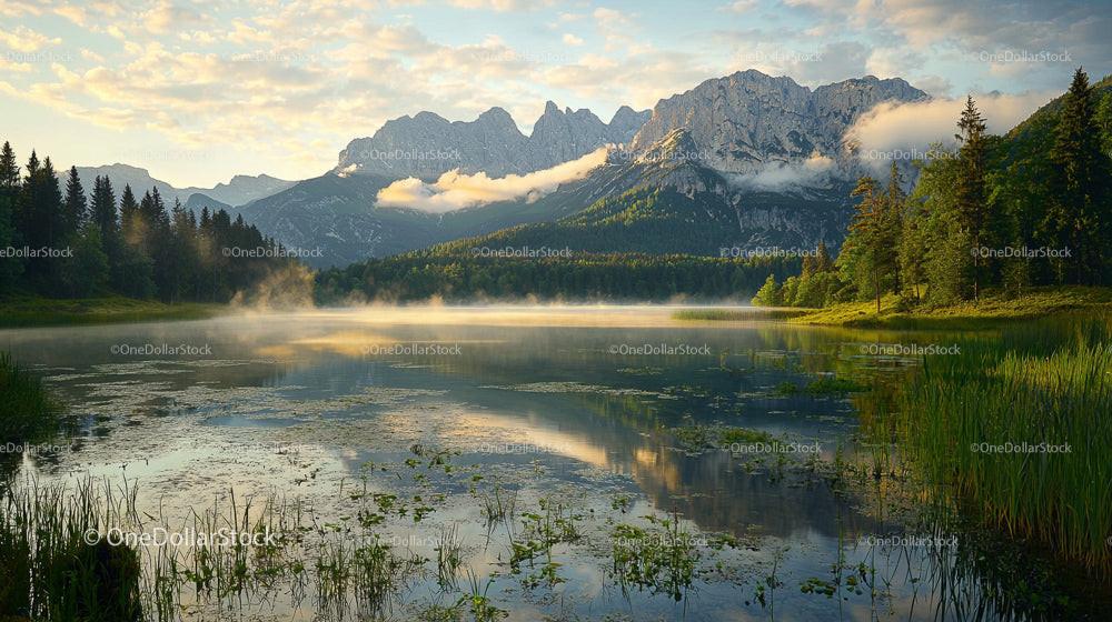 Serene Lake Reflection with Alpine Mountains at Sunrise