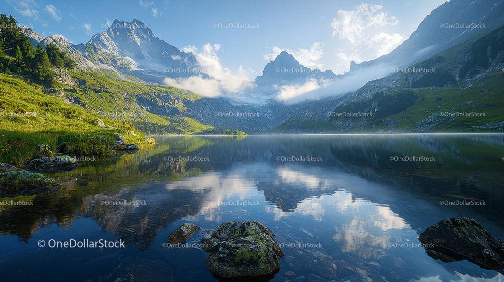 Tranquil Mountain Lake with Majestic Peaks in Morning Light